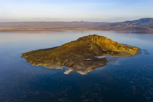 Aerial view of island and Lesser flamingo (Phoeniconaias minor) in lake Logipi