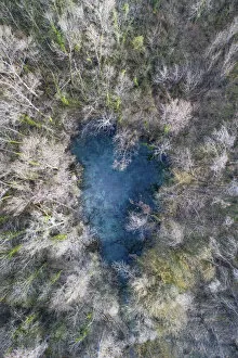 Love Gallery: Aerial view of a Karst spring, Marais de Lavours Reserve, Ain, Alps, France, November
