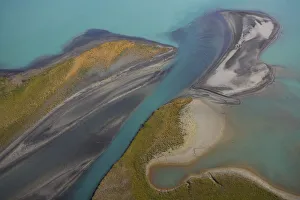 Aerial view over Lake Laitaure showing silt deposits from the Rapa river forming sand spits