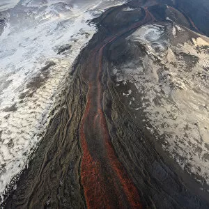 Aerial view of lava flow from Plosky Tolbachik Volcano eruption, Kamchatka Peninsula