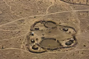 Aerial view of Maasai fenced homestead, with buildings and livestock enclosures. Kenya