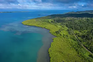 Islands Prints: Aerial view of mangrove-fringed coastline of Ovalau Island