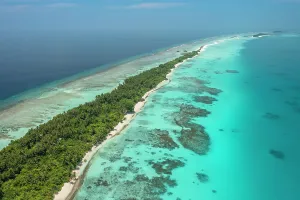 Maldive Islands Prints: Aerial view of narrow coral atoll island with palm trees and white sand beach surrounded by reef