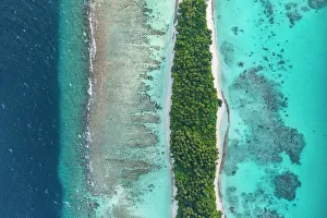 Cool Coloured Coast Prints: Aerial view of narrow coral atoll island with palm trees and white sand beach surrounded by reef