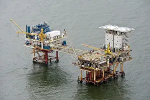 Equipment Prints: Aerial view of oil rig drilling platform, Louisiana, Gulf of Mexico, USA. August, 2010