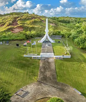 Monuments Prints: Aerial view park and monument that marks was the site of one of the last battles in the closing days of World War II
