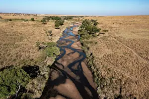 Savanna Prints: Aerial view of the plains and the Sand river, Masai-Mara game reserve, Kenya. August, 2023