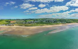 View To Land Prints: Aerial view of Praa Sands beach, Cornwall, England, UK. June, 2022