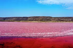 Minerals Prints: Aerial view of red soda on surface of Lake Magadi, Rift Valley, Kenya. September, 2023