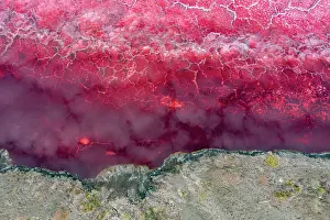 Minerals Prints: Aerial view of red soda on surface of Lake Magadi, Rift Valley, Kenya. September, 2023