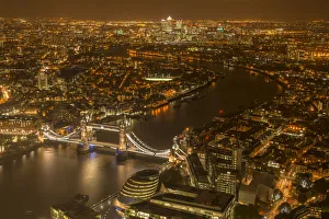 City Prints: Aerial view of River Thames and Tower Bridge in London at night. October 2014
