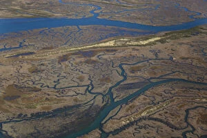 Aerial view of saltmarshes and Brancaster and Scolt Head Island, Norfolk, UK, September