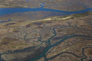 Patterns Prints: Aerial view of saltmarshes and Brancaster and Scolt Head Island, Norfolk, UK, September