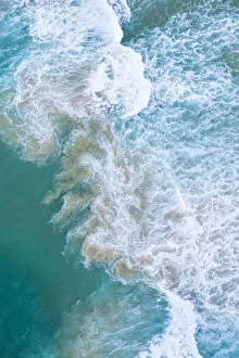 World Oceans Day 2021 Gallery: Aerial view of the sea over Antuerta beach, Trasmiera Coast. Cantabrian Sea, Cantabria, Spain