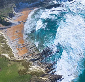 World Oceans Day 2021 Prints: Aerial view of sea and Tagle beach, Cantabria, Spain. February 2020