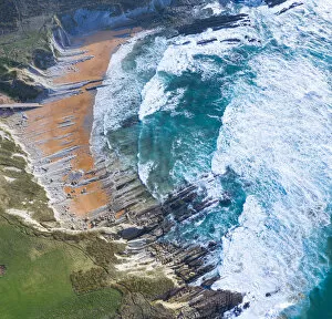 Aerial view of sea and Tagle beach, Cantabria, Spain. February 2020