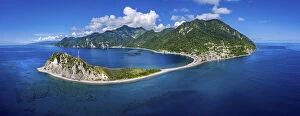 August 2021 Highlights Gallery: Aerial view of southern tip of Dominica, Scotts Head. It divides Atlantic from Caribbean