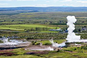 Steam Prints: Aerial view of Strokkur Geyser erupting, Geysir, Selfoss, Iceland. September, 2023