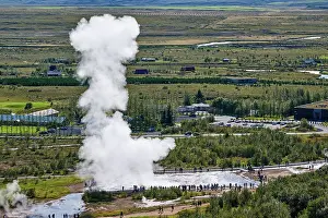 Steam Prints: Aerial view of Strokkur Geyser erupting, Geysir, Selfoss, Iceland. September, 2023