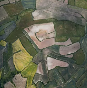 Agricultural landscape, mosaic of fields, aerial view. Cuestahedo, Merindad de Montija