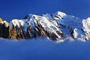 Aiguille du Midi (3, 842m) and Mont Blanc (4, 810m) at sunset, Haute Savoie, France