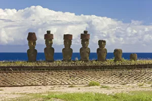 Ancient Gallery: Anakena beach, monolithic giant stone Moai statues of Ahu Nau Nau, four of which have topknots