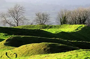 Ancient earthworks at Bullbarrow Hill, remnants of Iron Age hillfort, Dorset, UK. November, 2021