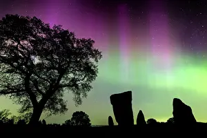 Monuments Prints: Aurora borealis in night sky at the Grey Ladies stone circle / Nine Stone Close stone circle