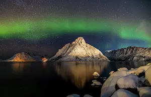 Natural Phenomenon Prints: Aurora borealis in the night sky over Kjerkefjorden