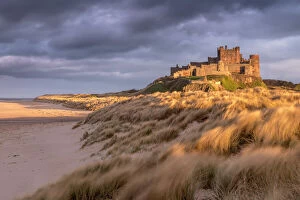 Ross Hoddinott Collection: Bamburgh Castle and sand dunes in warm, late evening light with stormy evening sky