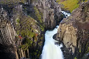 Waterfall Prints: Basalt columns surrounding Litlanesfoss waterfall