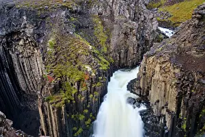 Waterfall Prints: Basalt columns surrounding Litlanesfoss waterfall