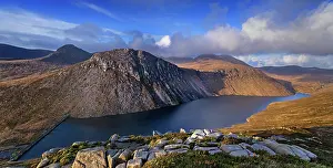 Down Prints: Ben Crom dam on the Ben Crom reservoir with the summits of Ben Crom and Slieve Bernagh