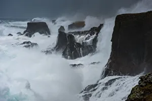 Images Dated 4th July 2008: Big storm hitting cliffs, with waves breaking over the top, Shetland, Scotland, UK, July