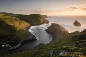 Boscastle harbour, at dusk, Boscastle, Cornwall, UK. June 2015