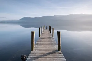 Brandlehow Jetty, misty morning, Derwentwater, Keswick, The Lake District, Cumbria, UK. November 2016