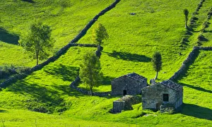 Cabana pasiega buildings and meadows, Miera Valley, Valles Pasiegos, Cantabria, Spain