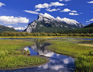 Canadian Rockies reflected in marshland, Banff National Park, Alberta, Canada