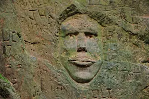 Path Prints: Carving of human face in sandstone wall of Shutes Lane holloway