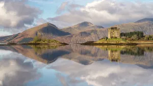 Argyll Prints: Castle Stalker reflected on tidal islet on Loch Laich in late evening light