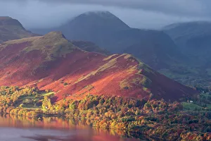 Warm Landscape Prints: Catbells and the edge of Derwentwater bathed in early morning light and autumnal colours