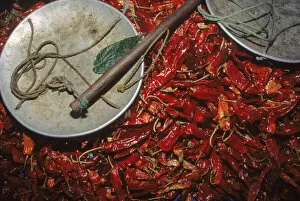 Chillies & weigh scale at Thimphu market, capital city Central Bhutan