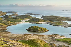 Elevated View Prints: Coastline landscape during midnight sun, Landegode, Nordland, Norway. June, 2022