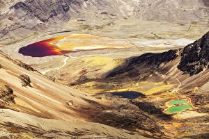 Colourful lakes below the peak of Chacaltaya, lake discoloured by mine effluent. Andes, Bolivia