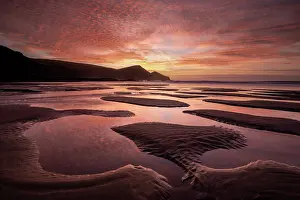 Reflection Prints: Crackington Haven at sunset, beach at low tide with reflective tidal pools