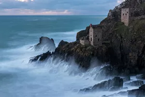 Wave Gallery: Crowns Engine house, abandoned mining buildings, on coastasl cliffs at Botallack head