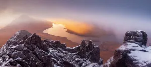 Cul Beag and Loch Lurgainn at sunrise from the summit of Stac Pollaidh, Coigach, Highlands, Scotland, UK, November 2013