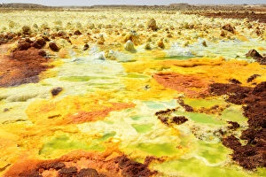 Yellow Collection: Dallol hot spring with salt concretions coloured by sulphur, potassium and iron, Dallol Volcano