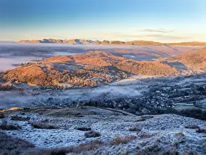 Valleys Prints: Dawn mist over valley looking towards the Langdale Pikes from Wansfell