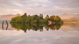Derwentwater, posts and boathouse, early morning reflections